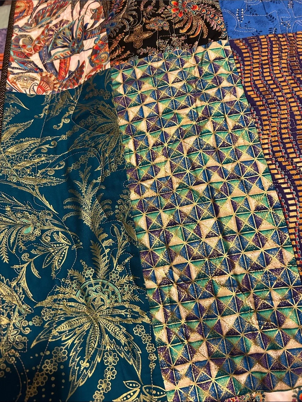 ONE OF A KIND- HANDCRAFTED Quilt W/Pharaoh Stiches, Multicolor Metallic